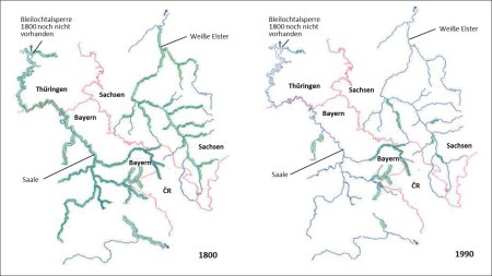 Verbreitung der Perlmuschelbestände im Dreiländereck Böhmen-Bayern-Sachsen um 1800 und 1990